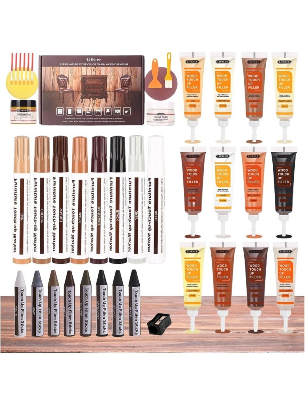 42-Piece Wood Repair Kit - Filler, Touch-Up Markers & Putty for Scratches